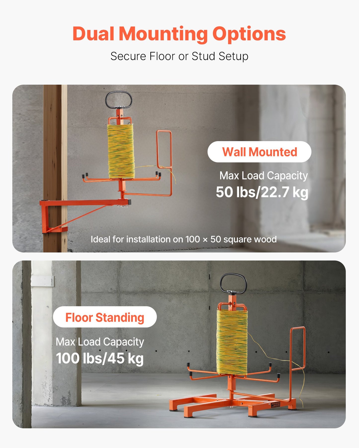 Cable Dispenser, Floor or Stud Mounted, Wire Spool Rack, Portable Wire Rack Dispenser with Anti-Slip Metal Handle for Wiring Transport, Swivel Eyelet, for Electrical, Industrial and Retail Use