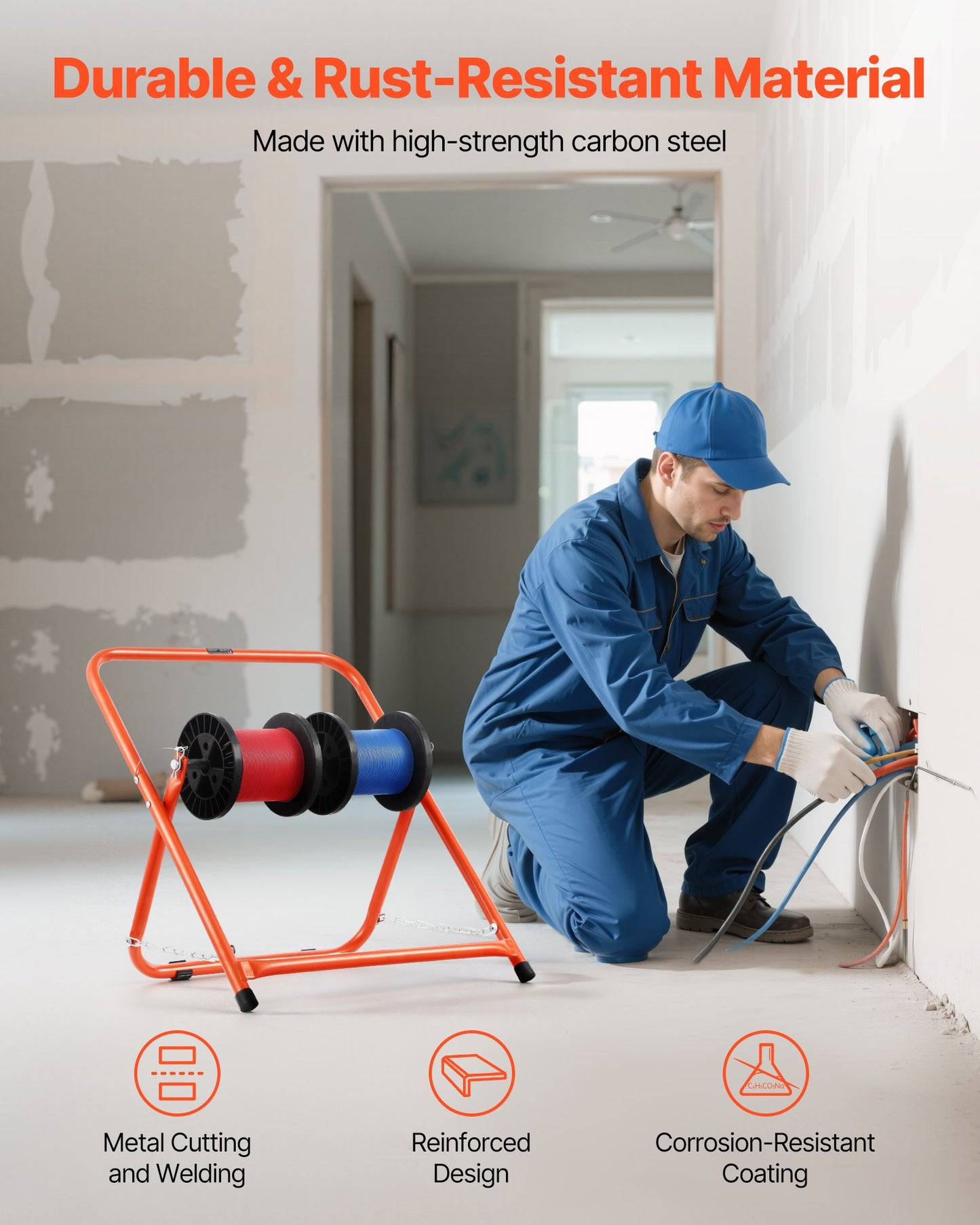 Kabelhållare, kraftig stålram, spolhållare för elkablar, bärbar kabeldispenser för spolar upp till 508 mm / 20 tum i diameter, 45 kg / 100 lbs kapacitet för kabelvindor, elektrisk industri detaljhandel