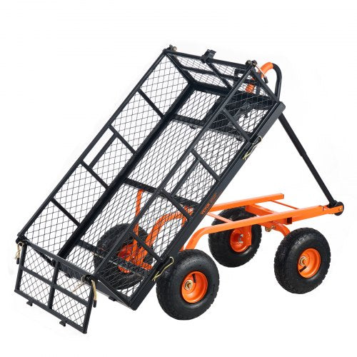Dump Cart, Metal Garden Dump Cart with Easy to Assemble Frame, Dump Wagon with 2-in-1 Convertible Handle, Utility Wheelbarrow 400 lbs Capacity, 10 inch Tires