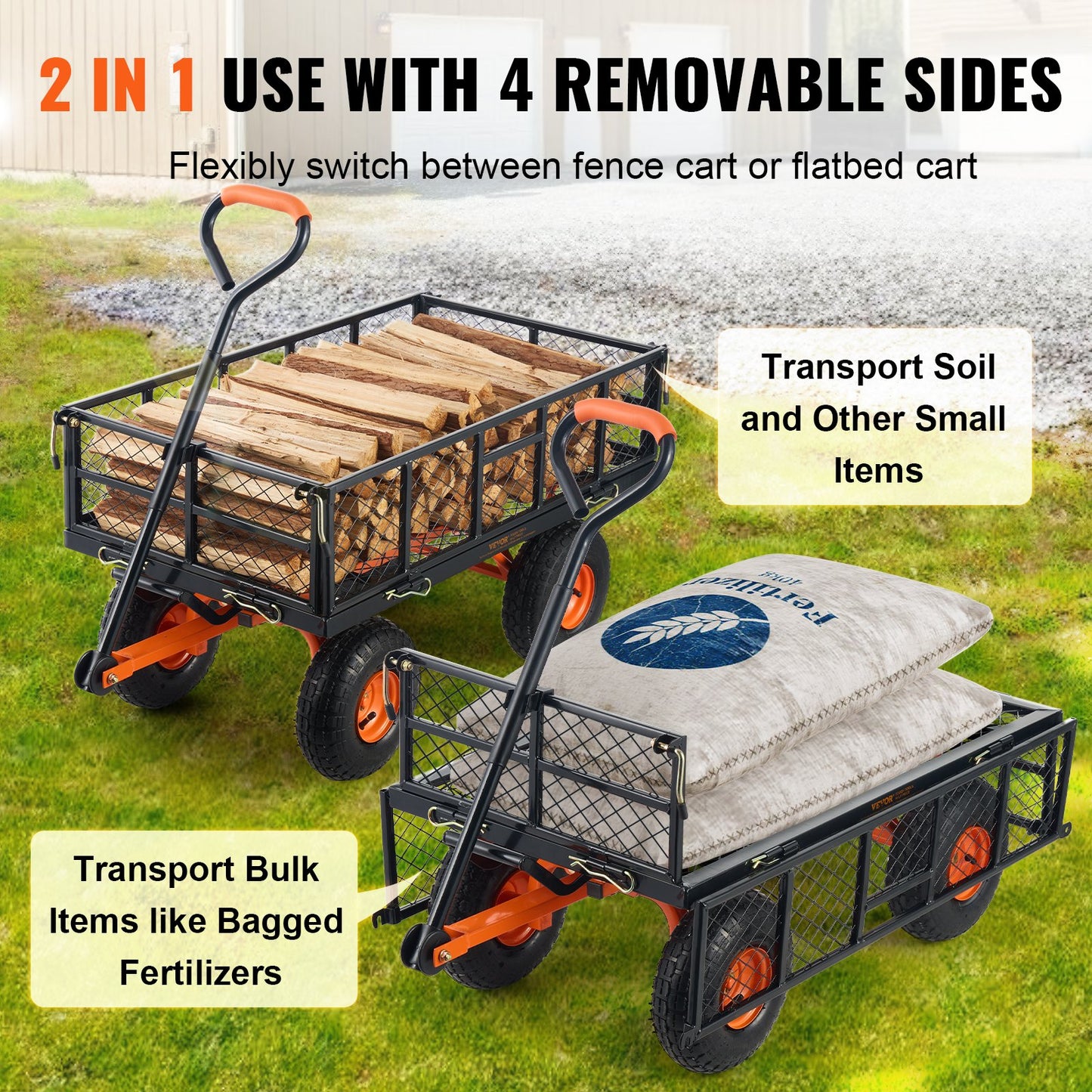 Dump Cart, Metal Garden Dump Cart with Easy to Assemble Frame, Dump Wagon with 2-in-1 Convertible Handle, Utility Wheelbarrow 400 lbs Capacity, 10 inch Tires