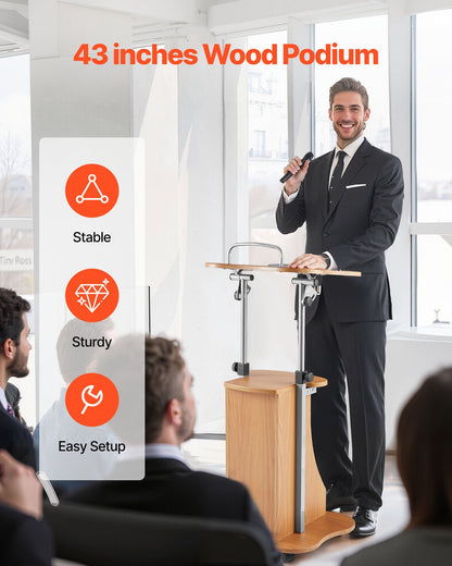 Podiumstativ, 1100 mm träpulpet, bärbart laptopbord med låsbara hjul, bred läsyta och öppet förvaringsutrymme, justerbar höjd och vinkel, för tal, föreläsningar eller presentationer