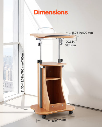 Podium Stand, 1100 mm Wooden Lectern, Portable Laptop Desk with Lockable Wheels, Wide Reading Surface and Open Storage Area, Adjustable Height and Angle, for Speeches, Lectures, or Presentations