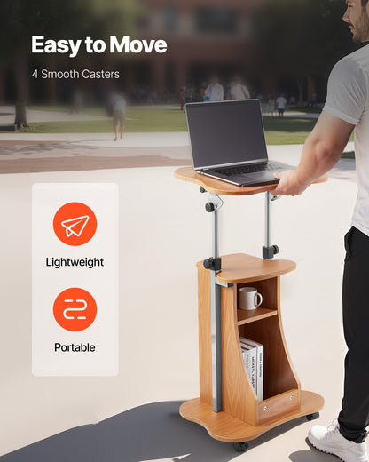 Podiumstativ, 1100 mm träpulpet, bärbart laptopbord med låsbara hjul, bred läsyta och öppet förvaringsutrymme, justerbar höjd och vinkel, för tal, föreläsningar eller presentationer