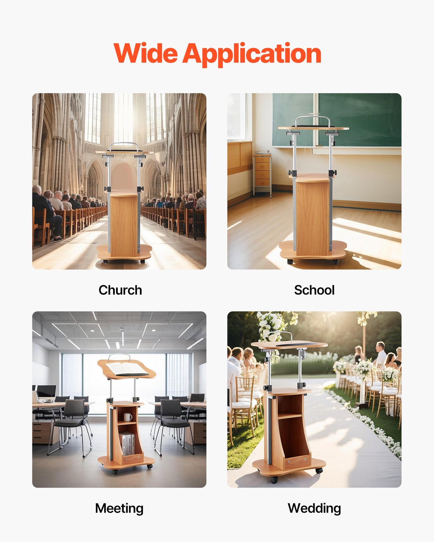 Podiumstativ, 1100 mm träpulpet, bärbart laptopbord med låsbara hjul, bred läsyta och öppet förvaringsutrymme, justerbar höjd och vinkel, för tal, föreläsningar eller presentationer
