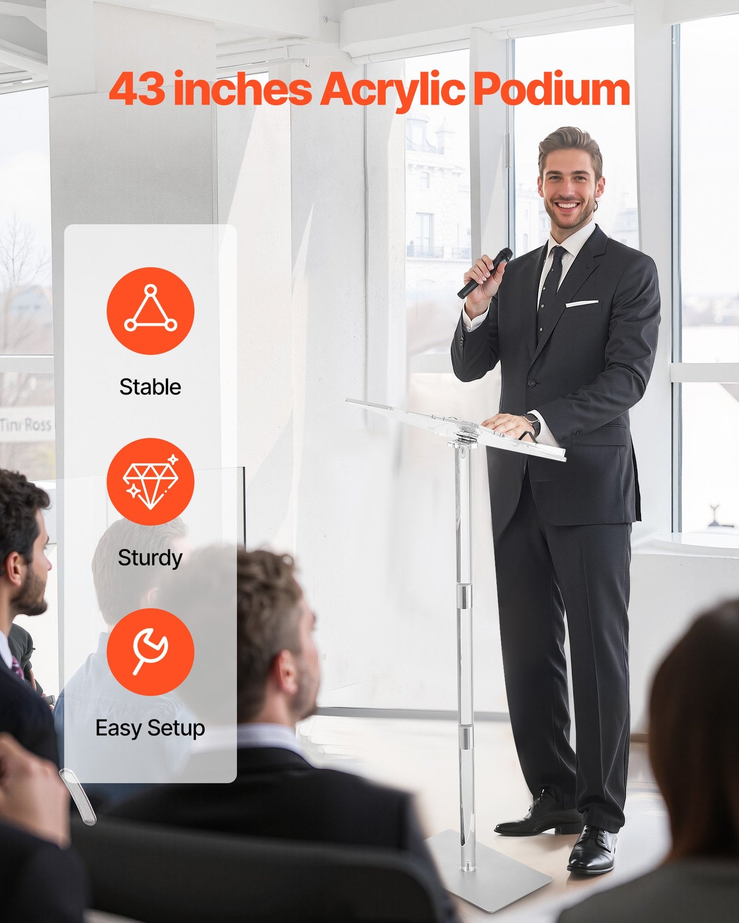 Podiumstativ, 1100 mm akrylläsarpulpet, bärbart laptopbord med bred läsyta, bokklämmor, justerbar vinkel, golvstående, för klassrum, bröllop, konferens, föreläsning och konsert