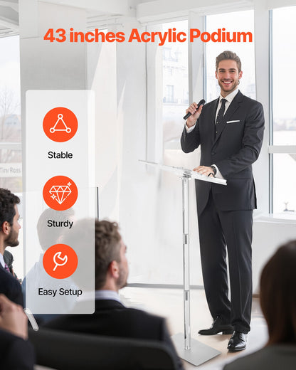 Podiumstativ, 1100 mm akrylläsarpulpet, bärbart laptopbord med bred läsyta, bokklämmor, justerbar vinkel, golvstående, för klassrum, bröllop, konferens, föreläsning och konsert