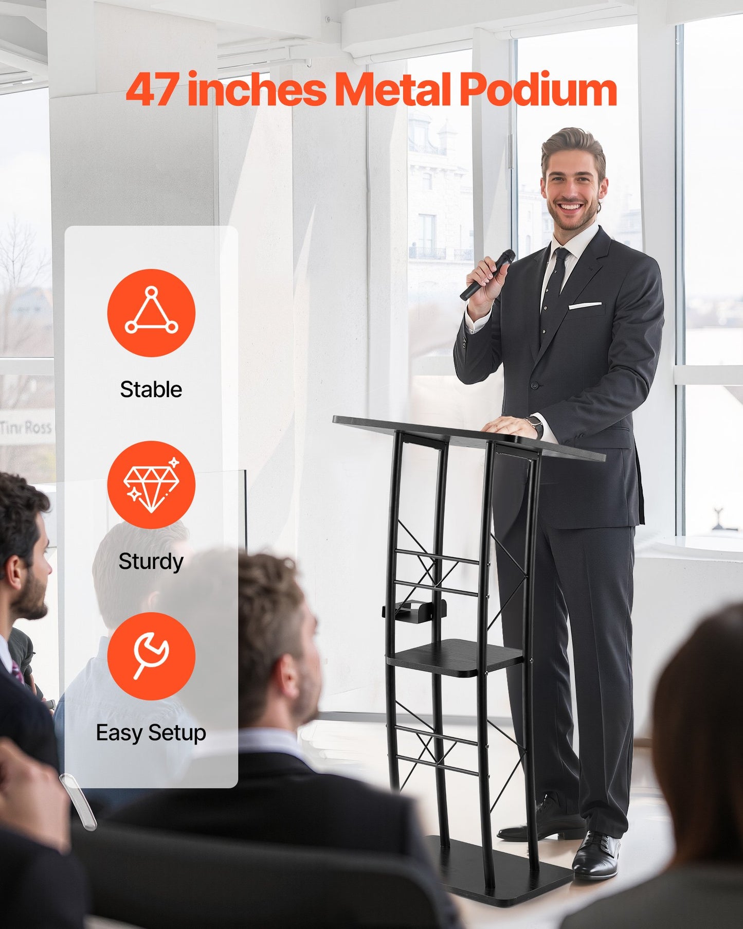 Podiumställ, 1180 mm metallpulpet, böjd stående podium med bred läsyta, öppet förvaringsfack, bokhållare, mugghållare, för klassrum, bröllop, konferens, tal, konsert