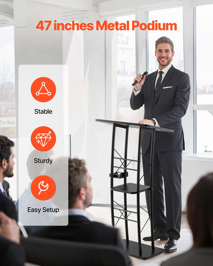 Podiumställ, 1180 mm metallpulpet, böjd stående podium med bred läsyta, öppet förvaringsfack, bokhållare, mugghållare, för klassrum, bröllop, konferens, tal, konsert