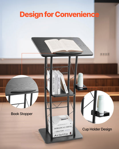 Podium Stand, 1180 mm Metal Lectern, Curved Standing Podium with Wide Reading Surface, Open Storage Compartment, Book Stopper, Cup Holder, for Classroom, Wedding, Conference, Speech, Concert