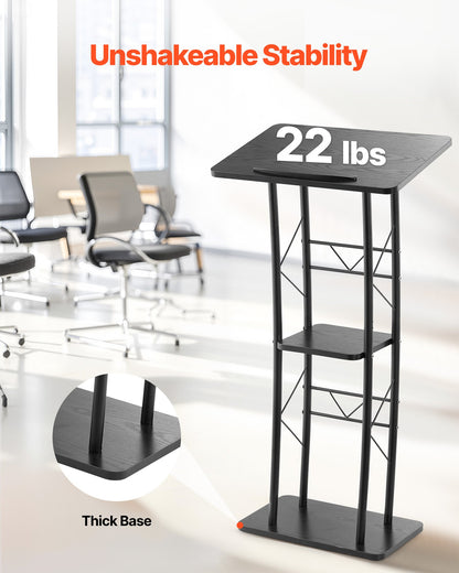 Podium Stand, 1180 mm Metal Lectern, Curved Standing Podium with Wide Reading Surface, Open Storage Compartment, Book Stopper, Cup Holder, for Classroom, Wedding, Conference, Speech, Concert