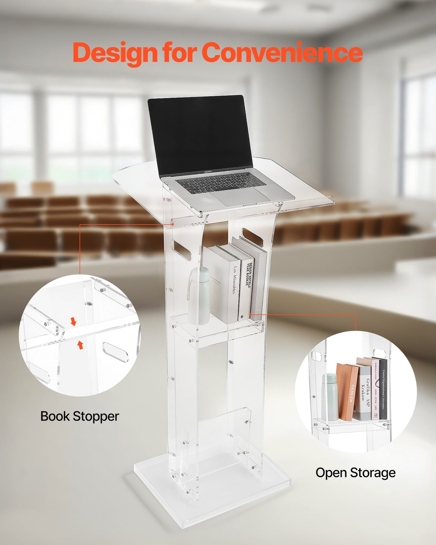 Podium Stand, 1100 mm Acrylic Lectern, Portable Laptop Desk with Wide Reading Surface and Storage Shelf, Book Stopper, Floor-Standing, for Classroom, Wedding, Conference, Lecture and Concert