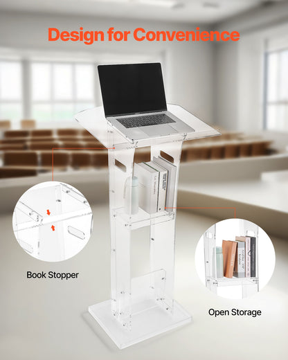 Podium Stand, 1100 mm Acrylic Lectern, Portable Laptop Desk with Wide Reading Surface and Storage Shelf, Book Stopper, Floor-Standing, for Classroom, Wedding, Conference, Lecture and Concert