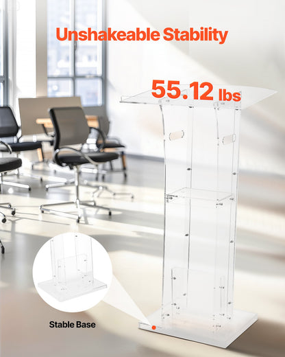 Podium Stand, 1100 mm Acrylic Lectern, Portable Laptop Desk with Wide Reading Surface and Storage Shelf, Book Stopper, Floor-Standing, for Classroom, Wedding, Conference, Lecture and Concert