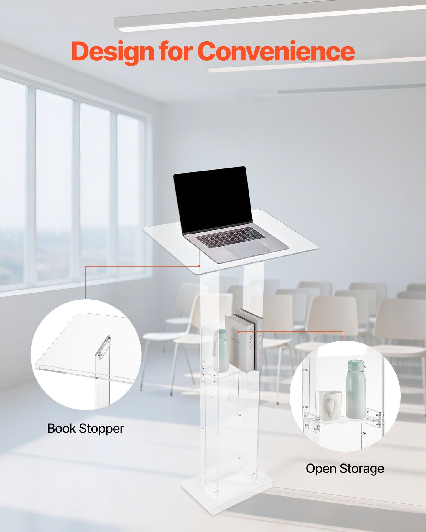 Podium Stand, 1265 mm Acrylic Lectern, Portable Laptop Desk with Wide Reading Surface and Storage Shelf, Book Stopper, Floor-Standing, for Classroom, Wedding, Conference, Lecture and Concert