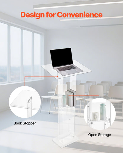 Podium Stand, 1265 mm Acrylic Lectern, Portable Laptop Desk with Wide Reading Surface and Storage Shelf, Book Stopper, Floor-Standing, for Classroom, Wedding, Conference, Lecture and Concert
