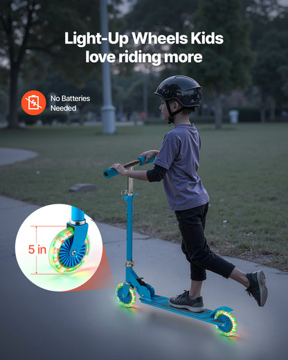 Kick Scooter for Kids Ages 3+, 2-Wheel Toddler Scooter with Light-Up Wheels, Adjustable Height Handlebar, Wide Anti-Slip Deck, Foldable Lightweight Frame for Boys and Girls up to 49.9 kg, Blue