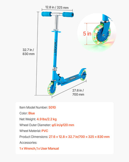 Kick Scooter for Kids Ages 3+, 2-Wheel Toddler Scooter with Light-Up Wheels, Adjustable Height Handlebar, Wide Anti-Slip Deck, Foldable Lightweight Frame for Boys and Girls up to 49.9 kg, Blue