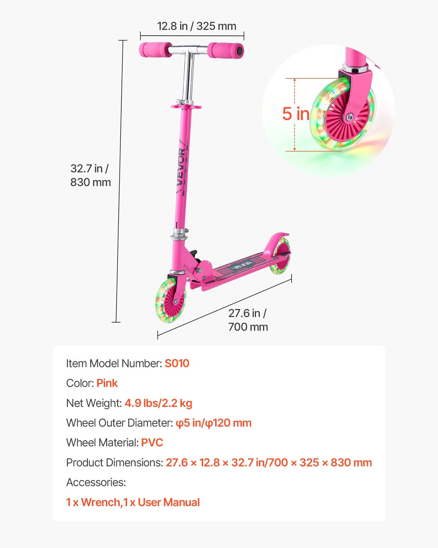 Kick Scooter for Kids Ages 3+, 2-Wheel Toddler Scooter with Light-Up Wheels, Adjustable Height Handlebar, Wide Anti-Slip Deck, Foldable Lightweight Frame for Boys and Girls up to 49.9 kg, Pink