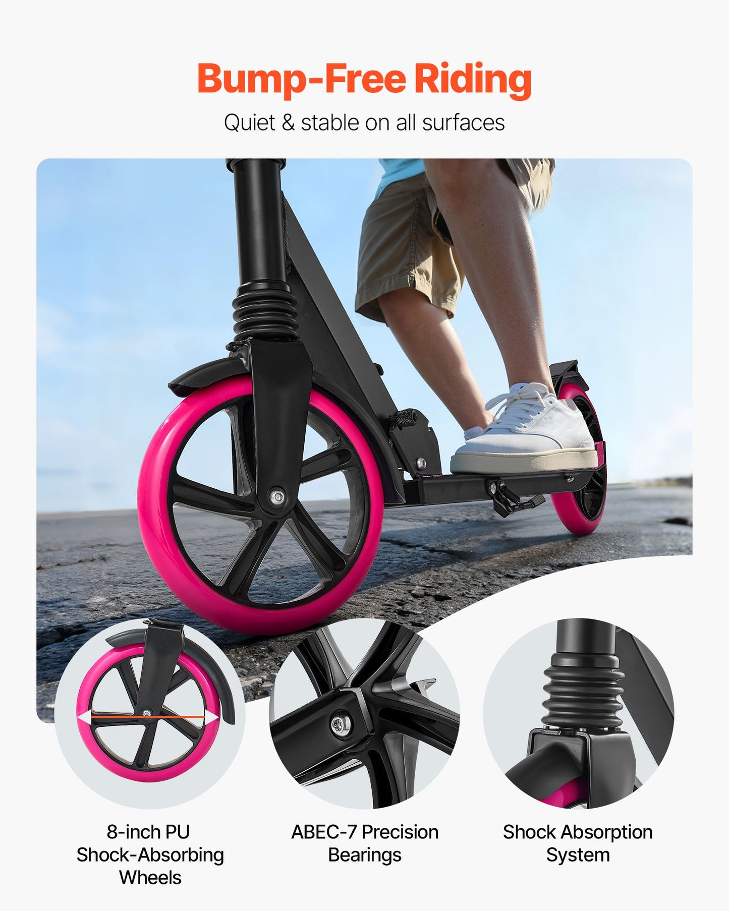 Sparkcykel för barn från 8 år, tonåringar och vuxna, 2-hjulig sparkcykel för småbarn med justerbart styre, brett halkfritt däck, hopfällbar lättviktsram för pojkar och flickor upp till 99,8 kg, rosa