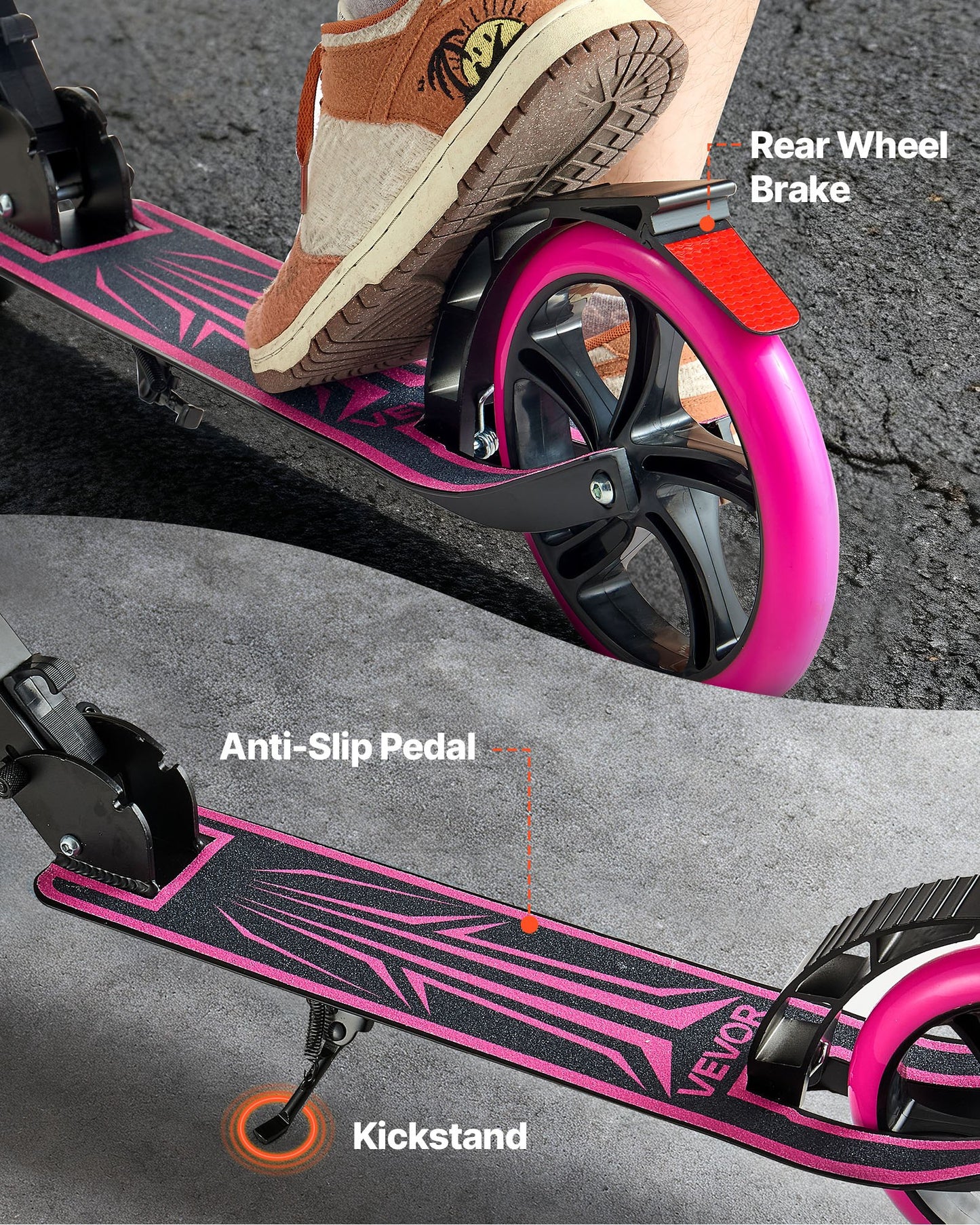 Sparkcykel för barn från 8 år, tonåringar och vuxna, 2-hjulig sparkcykel för småbarn med justerbart styre, brett halkfritt däck, hopfällbar lättviktsram för pojkar och flickor upp till 99,8 kg, rosa