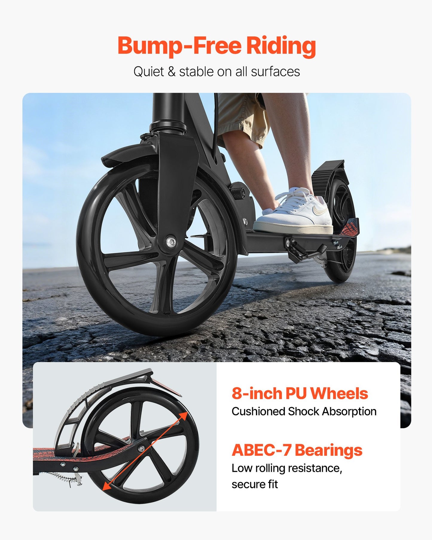 Sparkcykel för barn från 8 år, tonåringar och vuxna, 2-hjulig sparkcykel för småbarn med höjdjusterbart styre, brett halkfritt däck, hopfällbar lättviktsram för pojkar och flickor upp till 99,8 kg, svart