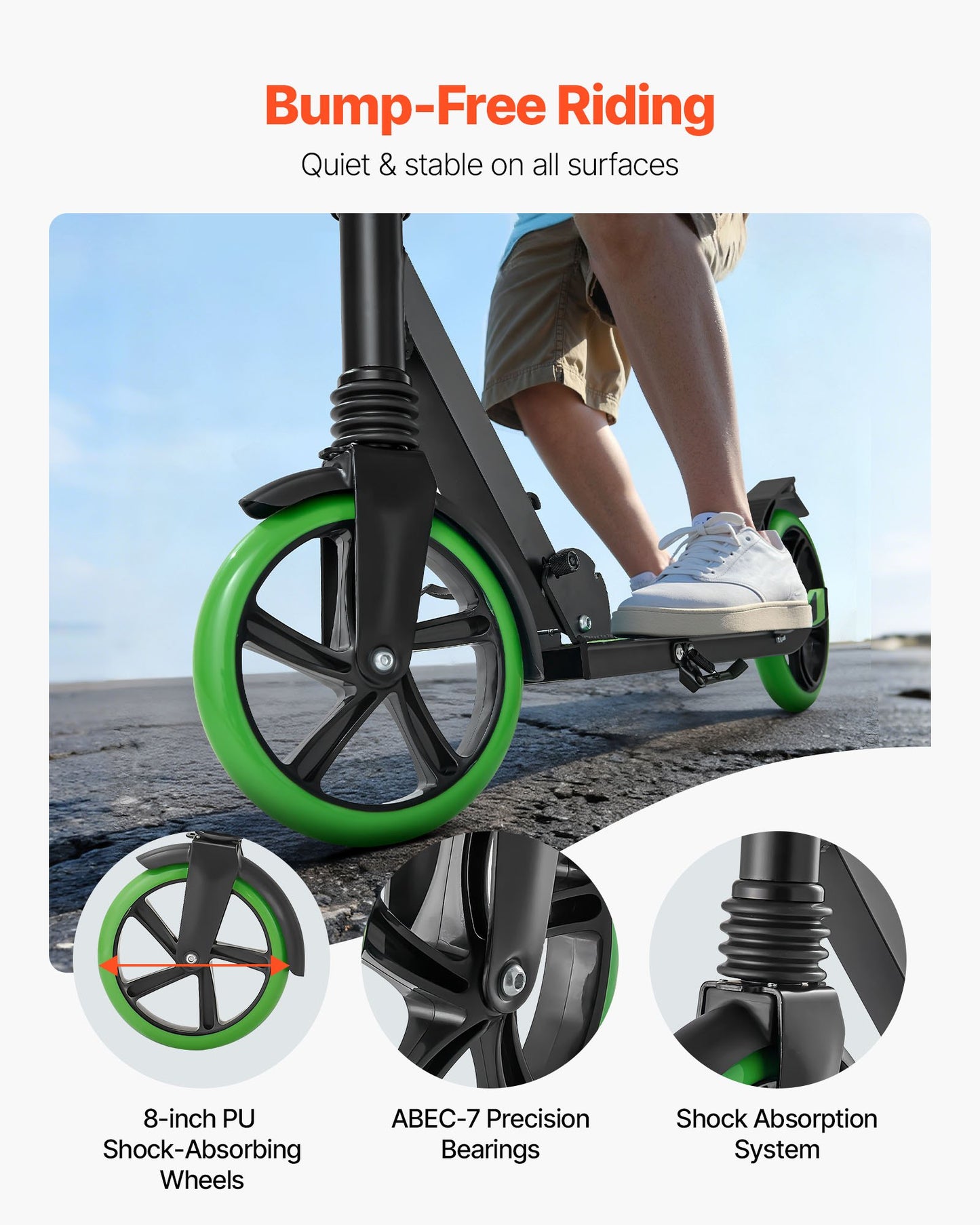 Kick Scooter for Kids Ages 8+, Teens & Adults, 2-Wheel Toddler Scooter with Adjustable Height Handlebar, Wide Anti-Slip Deck, Foldable Lightweight for Boys & Girls up to 99.8 kg, Black + Green