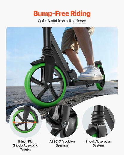 Kick Scooter for Kids Ages 8+, Teens & Adults, 2-Wheel Toddler Scooter with Adjustable Height Handlebar, Wide Anti-Slip Deck, Foldable Lightweight for Boys & Girls up to 99.8 kg, Black + Green