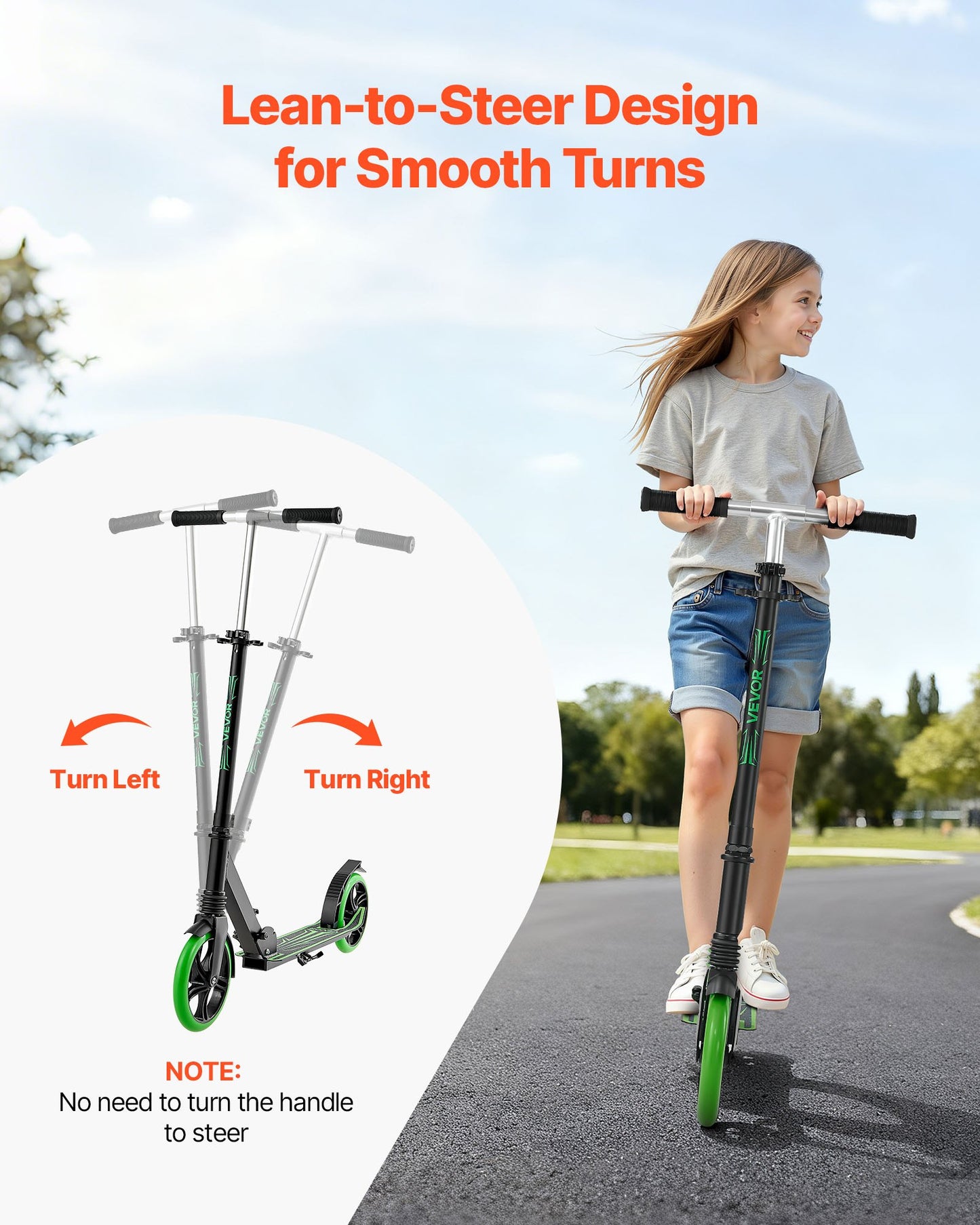 Kick Scooter for Kids Ages 8+, Teens & Adults, 2-Wheel Toddler Scooter with Adjustable Height Handlebar, Wide Anti-Slip Deck, Foldable Lightweight for Boys & Girls up to 99.8 kg, Black + Green