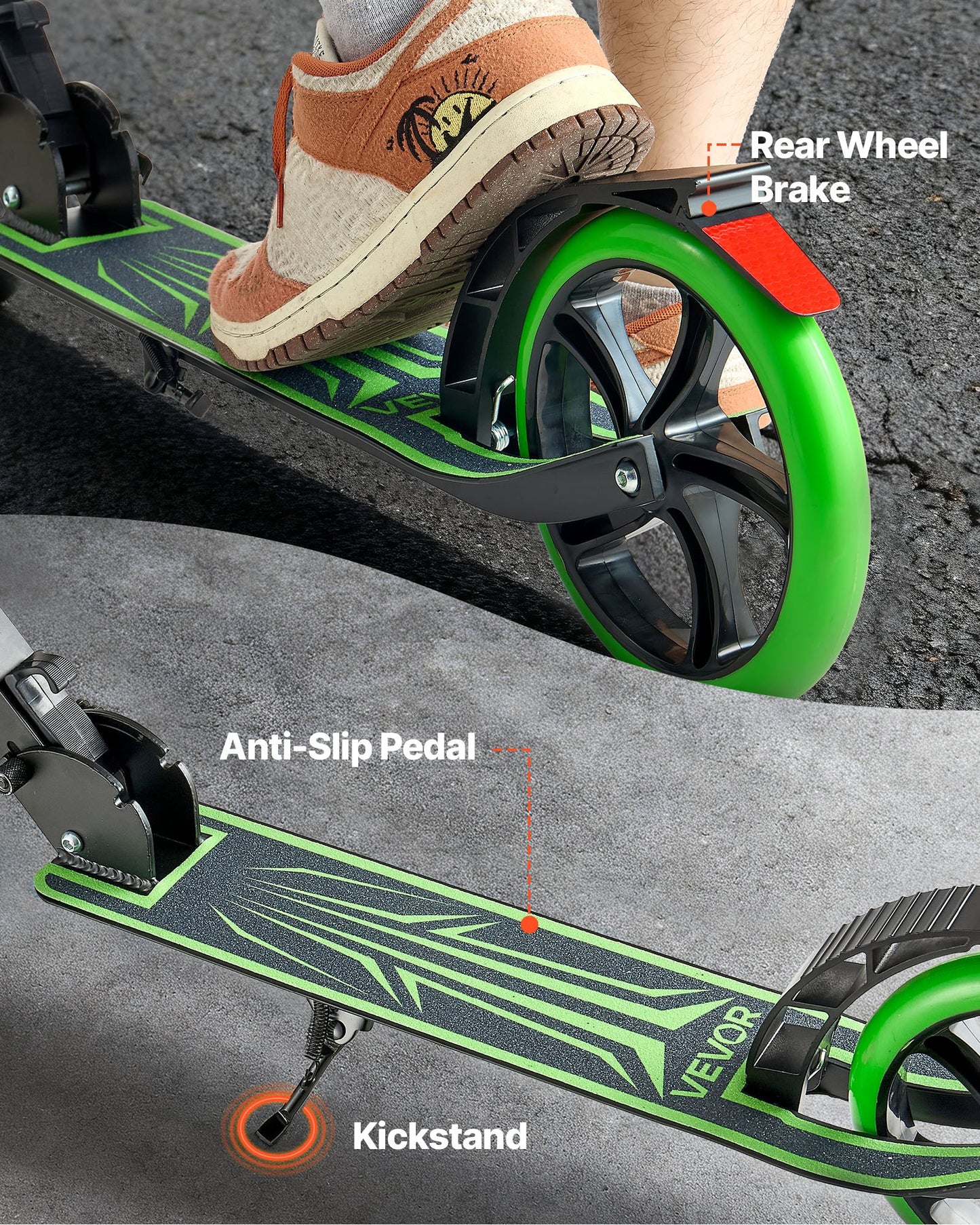 Kick Scooter for Kids Ages 8+, Teens & Adults, 2-Wheel Toddler Scooter with Adjustable Height Handlebar, Wide Anti-Slip Deck, Foldable Lightweight for Boys & Girls up to 99.8 kg, Black + Green