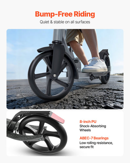 Sparkcykel för barn från 8 år, tonåringar och vuxna, 2-hjulig sparkcykel för småbarn med justerbart styre, brett halkfritt däck, hopfällbar lättviktsram för pojkar och flickor upp till 99,8 kg, grå