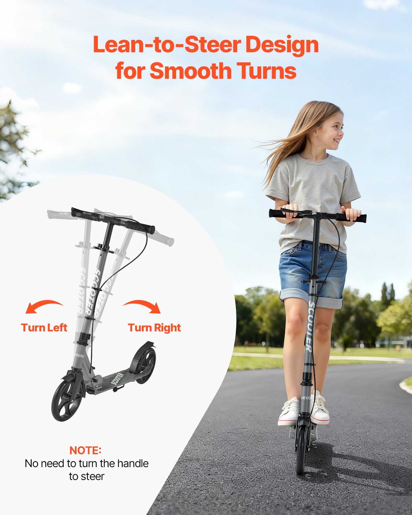 Sparkcykel för barn från 8 år, tonåringar och vuxna, 2-hjulig sparkcykel för småbarn med justerbart styre, brett halkfritt däck, hopfällbar lättviktsram för pojkar och flickor upp till 99,8 kg, grå
