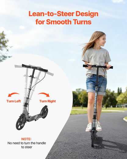 Sparkcykel för barn från 8 år, tonåringar och vuxna, 2-hjulig sparkcykel för småbarn med justerbart styre, brett halkfritt däck, hopfällbar lättviktsram för pojkar och flickor upp till 99,8 kg, grå
