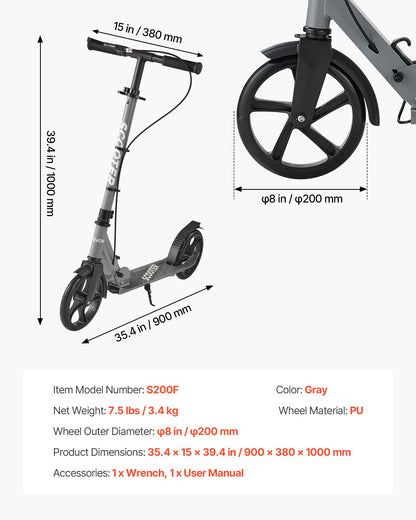 Sparkcykel för barn från 8 år, tonåringar och vuxna, 2-hjulig sparkcykel för småbarn med justerbart styre, brett halkfritt däck, hopfällbar lättviktsram för pojkar och flickor upp till 99,8 kg, grå