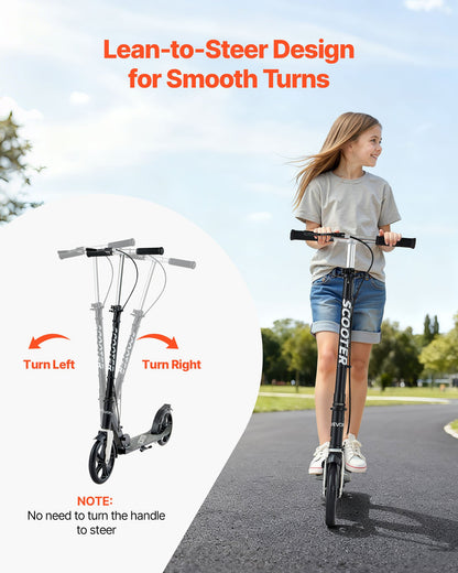 Sparkcykel för barn från 8 år, tonåringar och vuxna, 2-hjulig sparkcykel för småbarn med justerbart styre, brett halkfritt däck, hopfällbar, lättviktig för pojkar och flickor upp till 99,8 kg, svart + silver