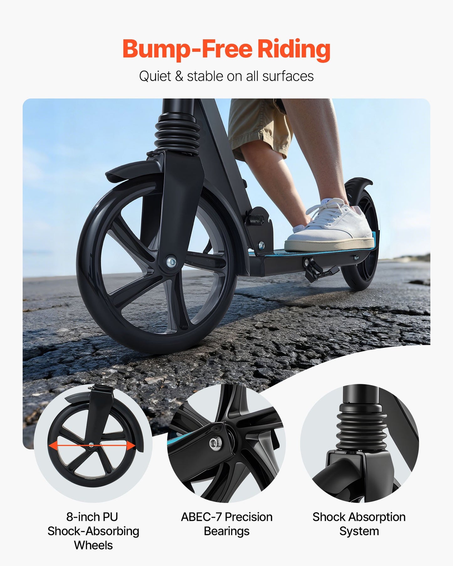 Sparkcykel för barn från 8 år, tonåringar och vuxna, 2-hjulig sparkcykel för småbarn med justerbart styre, brett halkfritt däck, hopfällbar, lättviktig för pojkar och flickor upp till 99,8 kg, svart + blå