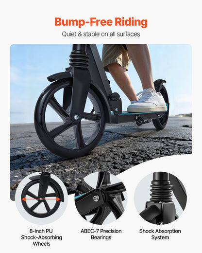 Sparkcykel för barn från 8 år, tonåringar och vuxna, 2-hjulig sparkcykel för småbarn med justerbart styre, brett halkfritt däck, hopfällbar, lättviktig för pojkar och flickor upp till 99,8 kg, svart + blå