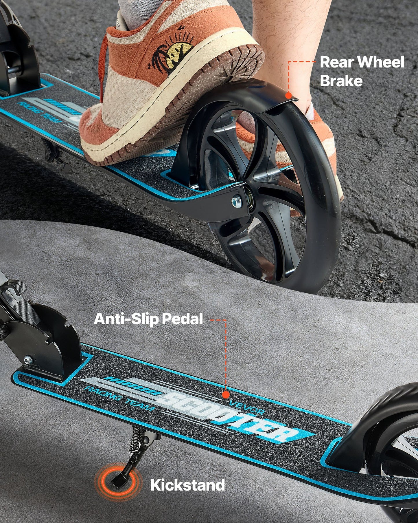 Sparkcykel för barn från 8 år, tonåringar och vuxna, 2-hjulig sparkcykel för småbarn med justerbart styre, brett halkfritt däck, hopfällbar, lättviktig för pojkar och flickor upp till 99,8 kg, svart + blå