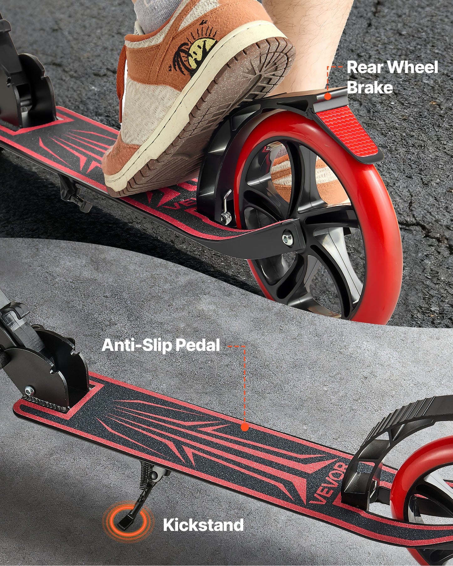 Sparkcykel för barn från 8 år, tonåringar och vuxna, 2-hjulig sparkcykel för småbarn med justerbart styre, brett halkfritt däck, hopfällbar, lättviktig för pojkar och flickor upp till 99,8 kg, svart + röd