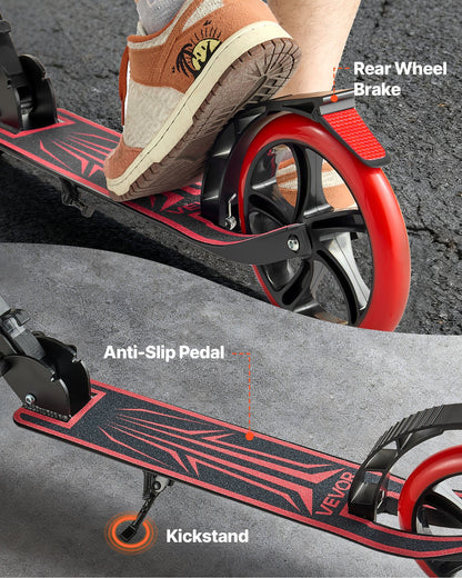 Sparkcykel för barn från 8 år, tonåringar och vuxna, 2-hjulig sparkcykel för småbarn med justerbart styre, brett halkfritt däck, hopfällbar, lättviktig för pojkar och flickor upp till 99,8 kg, svart + röd