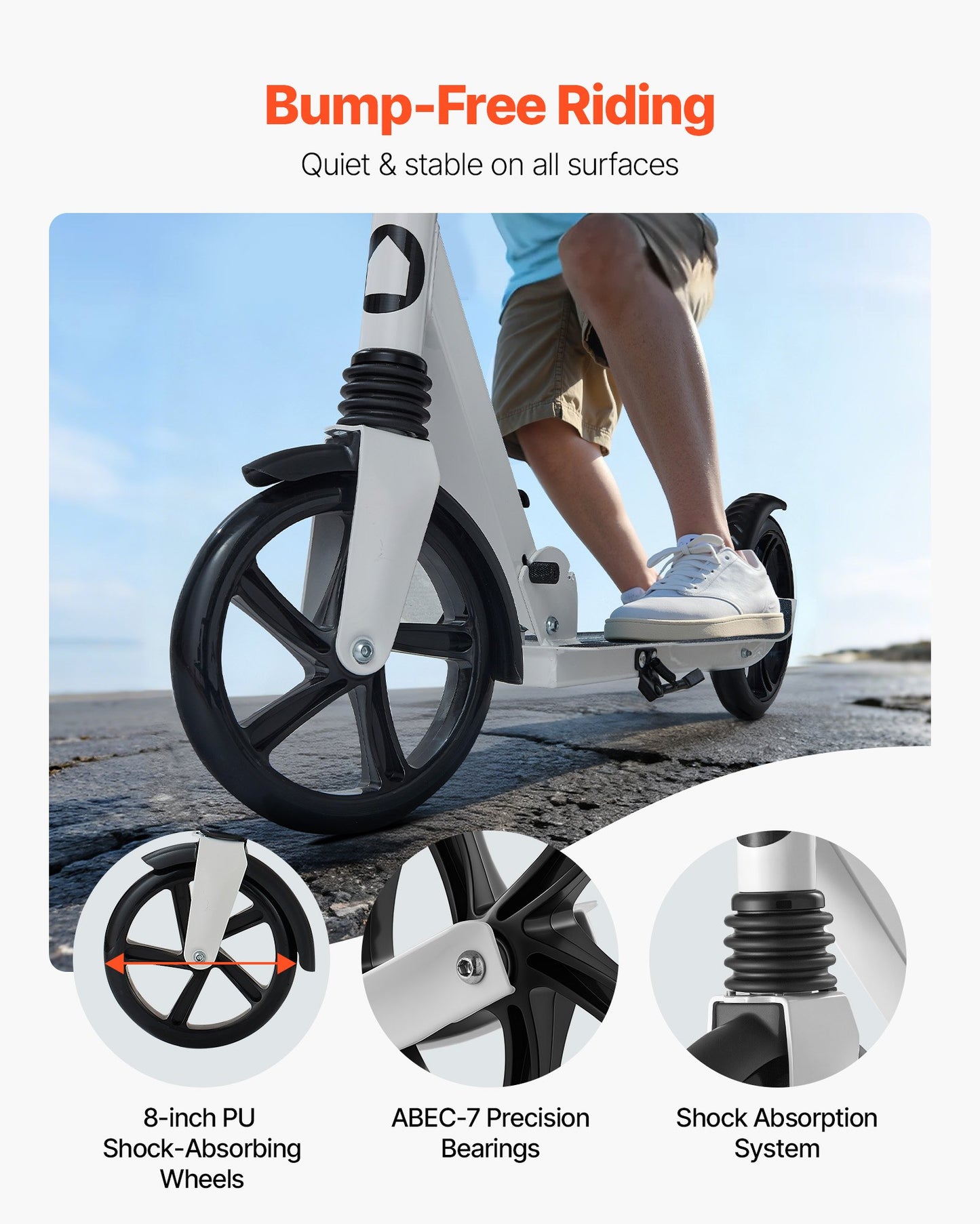 Kick Scooter for Kids Ages 8+, Teens & Adults, 2-Wheel Toddler Scooter with Adjustable Height Handlebar, Wide Anti-Slip Deck, Foldable Lightweight for Boys & Girls up to 99.8 kg, White + Black