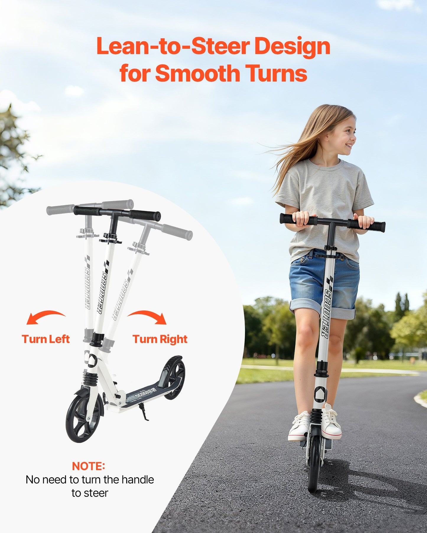 Kick Scooter for Kids Ages 8+, Teens & Adults, 2-Wheel Toddler Scooter with Adjustable Height Handlebar, Wide Anti-Slip Deck, Foldable Lightweight for Boys & Girls up to 99.8 kg, White + Black