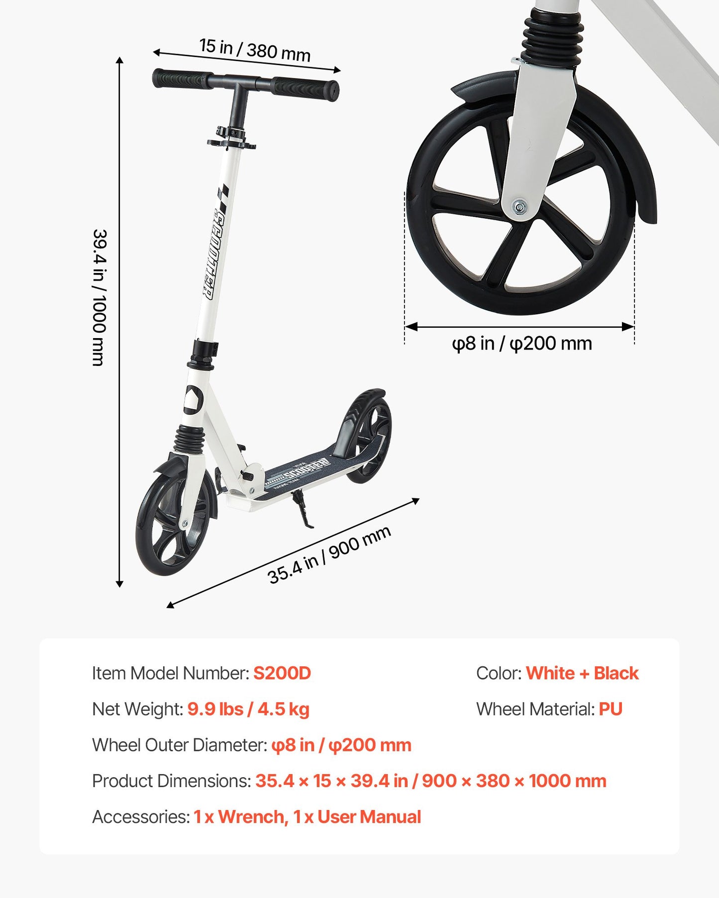 Kick Scooter for Kids Ages 8+, Teens & Adults, 2-Wheel Toddler Scooter with Adjustable Height Handlebar, Wide Anti-Slip Deck, Foldable Lightweight for Boys & Girls up to 99.8 kg, White + Black