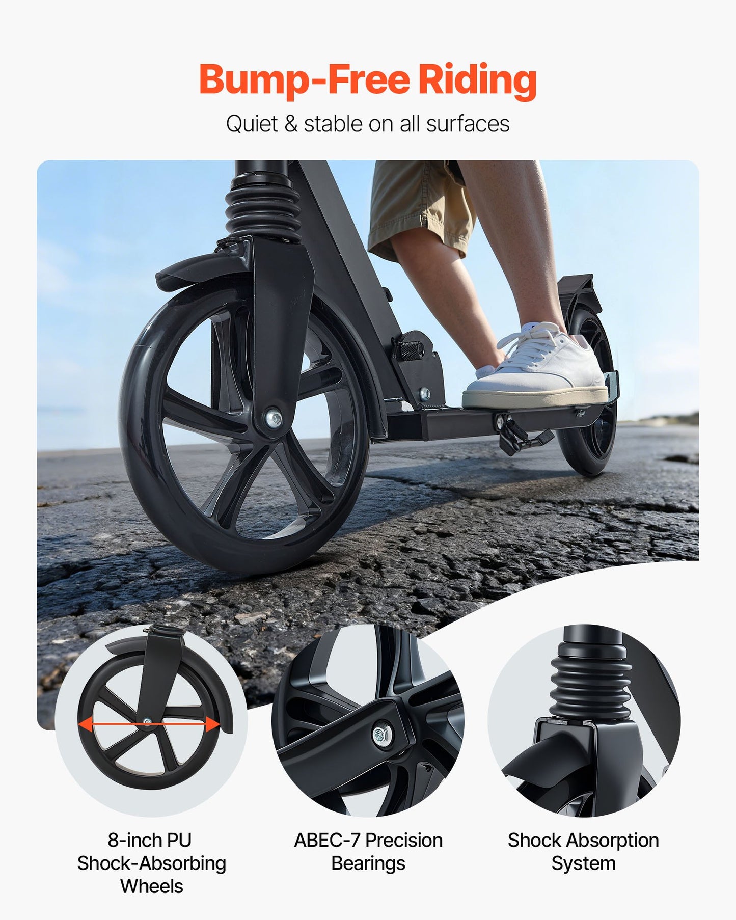 Kick Scooter for Kids Ages 8+, Teens & Adults, 2-Wheel Toddler Scooter with Adjustable Height Handlebar, Wide Anti-Slip Deck, Foldable Lightweight Frame for Boys & Girls up to 99.8 kg, Black