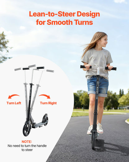 Kick Scooter for Kids Ages 8+, Teens & Adults, 2-Wheel Toddler Scooter with Adjustable Height Handlebar, Wide Anti-Slip Deck, Foldable Lightweight Frame for Boys & Girls up to 99.8 kg, Black