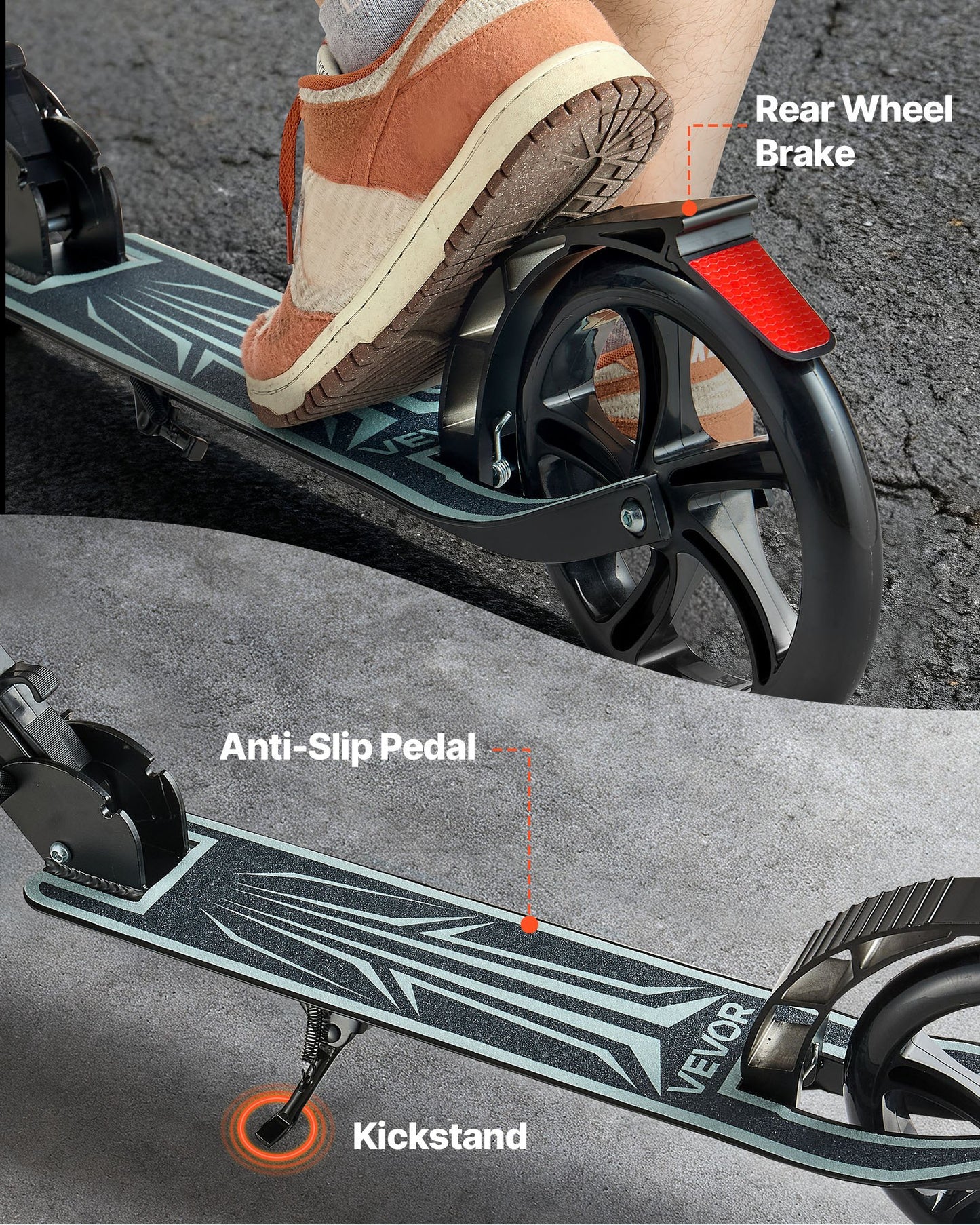 Kick Scooter for Kids Ages 8+, Teens & Adults, 2-Wheel Toddler Scooter with Adjustable Height Handlebar, Wide Anti-Slip Deck, Foldable Lightweight Frame for Boys & Girls up to 99.8 kg, Black