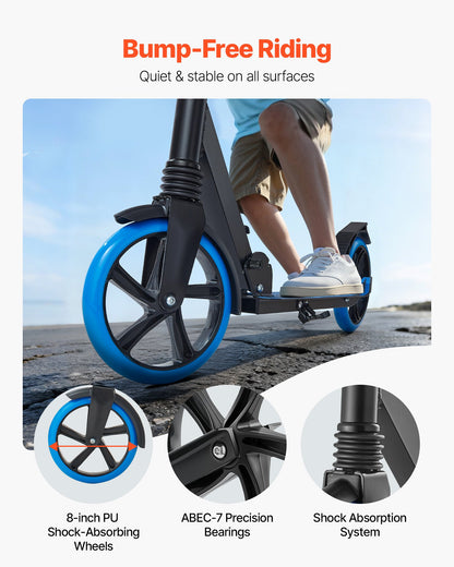 Kick Scooter for Kids Ages 8+, Teens & Adults, 2-Wheel Toddler Scooter with Adjustable Height Handlebar, Wide Anti-Slip Deck, Foldable Lightweight Frame for Boys and Girls up to 99.8 kg, Blue