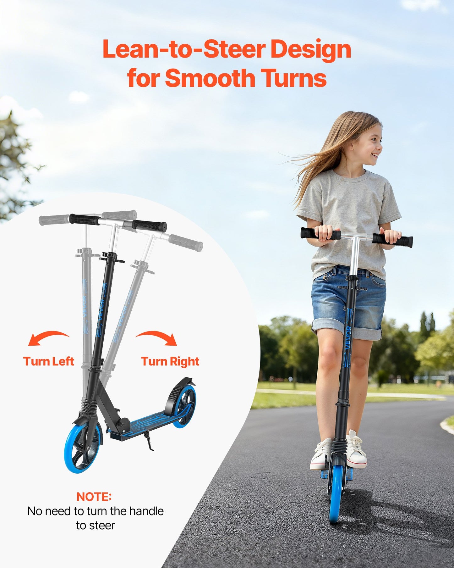 Kick Scooter for Kids Ages 8+, Teens & Adults, 2-Wheel Toddler Scooter with Adjustable Height Handlebar, Wide Anti-Slip Deck, Foldable Lightweight Frame for Boys and Girls up to 99.8 kg, Blue