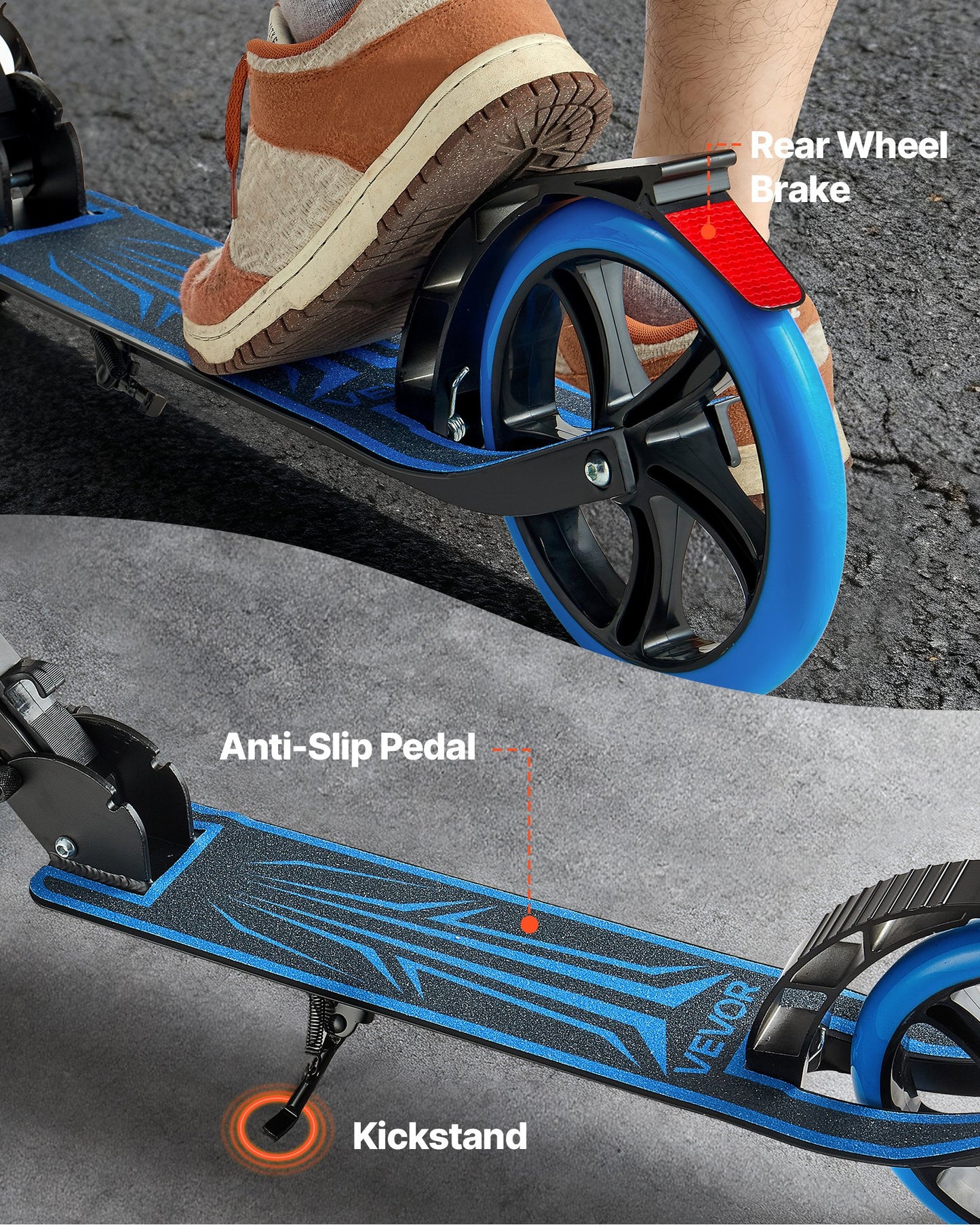 Kick Scooter for Kids Ages 8+, Teens & Adults, 2-Wheel Toddler Scooter with Adjustable Height Handlebar, Wide Anti-Slip Deck, Foldable Lightweight Frame for Boys and Girls up to 99.8 kg, Blue