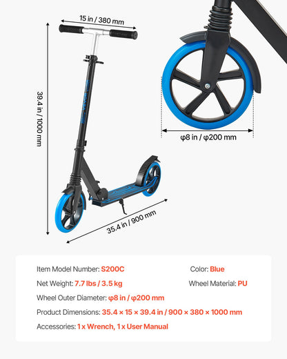 Kick Scooter for Kids Ages 8+, Teens & Adults, 2-Wheel Toddler Scooter with Adjustable Height Handlebar, Wide Anti-Slip Deck, Foldable Lightweight Frame for Boys and Girls up to 99.8 kg, Blue