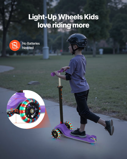 Kick Scooter for Kids Ages 3+, 3-Wheel Toddler Scooter with Light-Up Wheels, Adjustable Height Handlebar, Wide Anti-Slip Deck, Lightweight Aluminum Frame for Boys & Girls up to 74.8 kg, Purple
